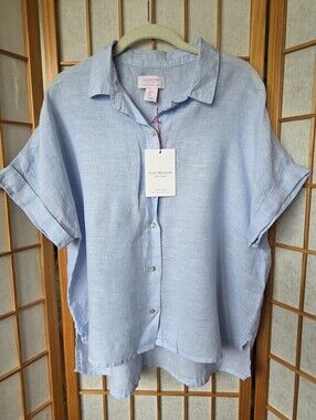 NWT WOMENS ISAAC MIZRAHI NY BLUE 100% LINEN RELAXED STYLE BLOUSE SIZE L